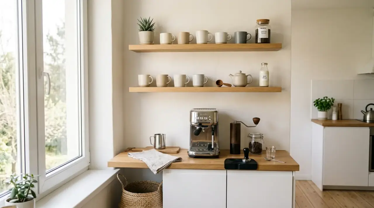 Compact coffee machine small kitchen. Smart small kitchen coffee station built around a compact machine.