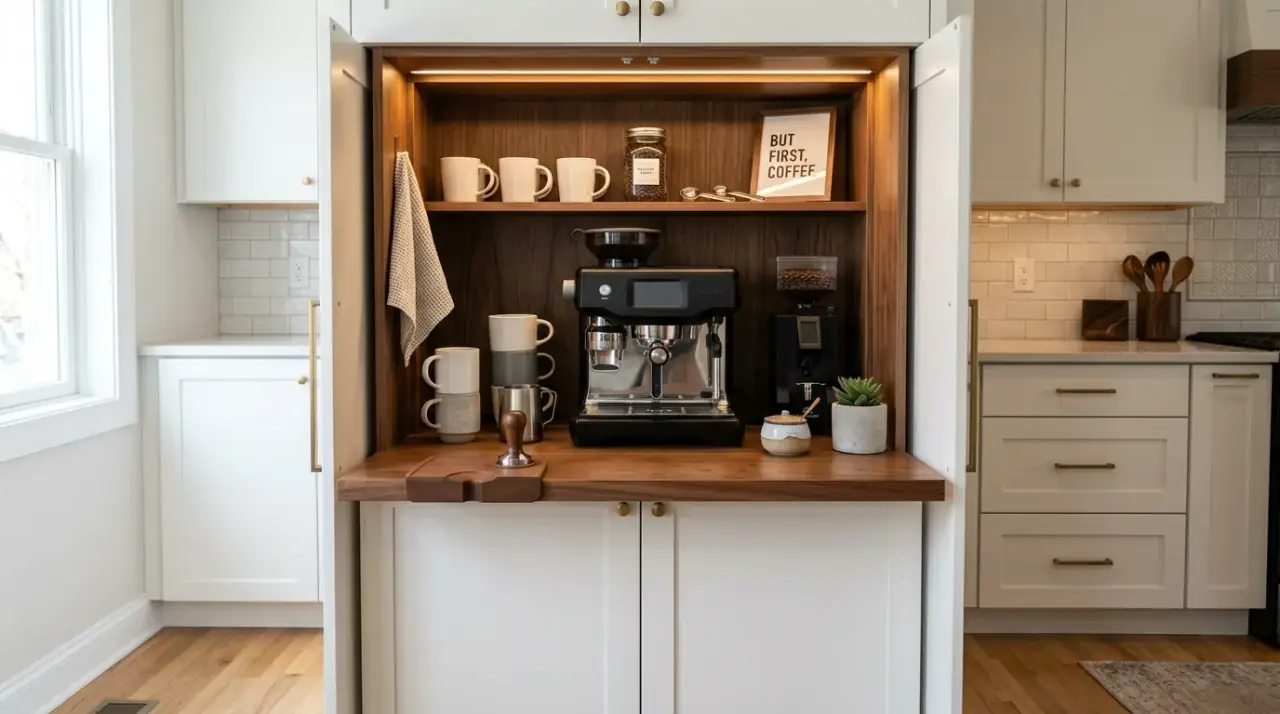 Edited small kitchen coffee setup. Small kitchen coffee station kept minimal with only daily essentials visible.