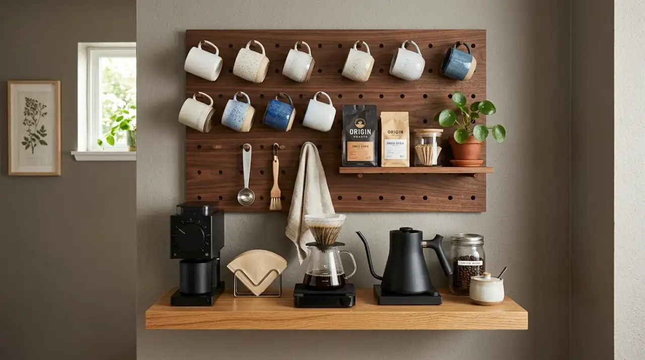 Hidden coffee storage small kitchen. Compact coffee station supported by cabinet storage in a small kitchen.