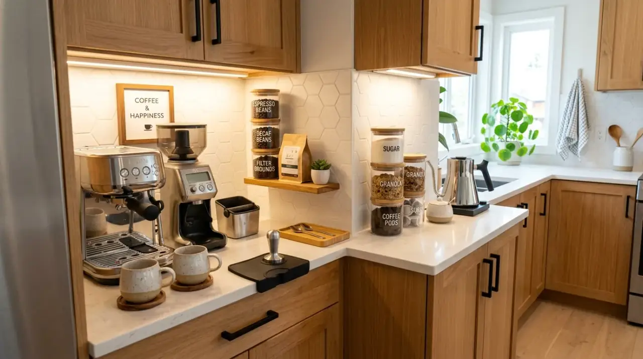 Open coffee shelf small kitchen. Small kitchen coffee station using carefully edited open shelf storage.