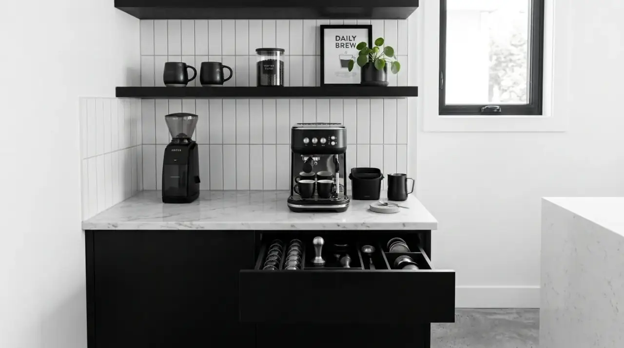 Warm materials small coffee bar. Small kitchen coffee station styled with warm wood and ceramic accents.