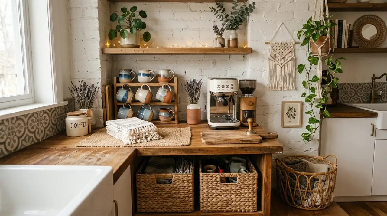 Reset small kitchen coffee station. Compact coffee setup kept fresh with a simple daily reset.