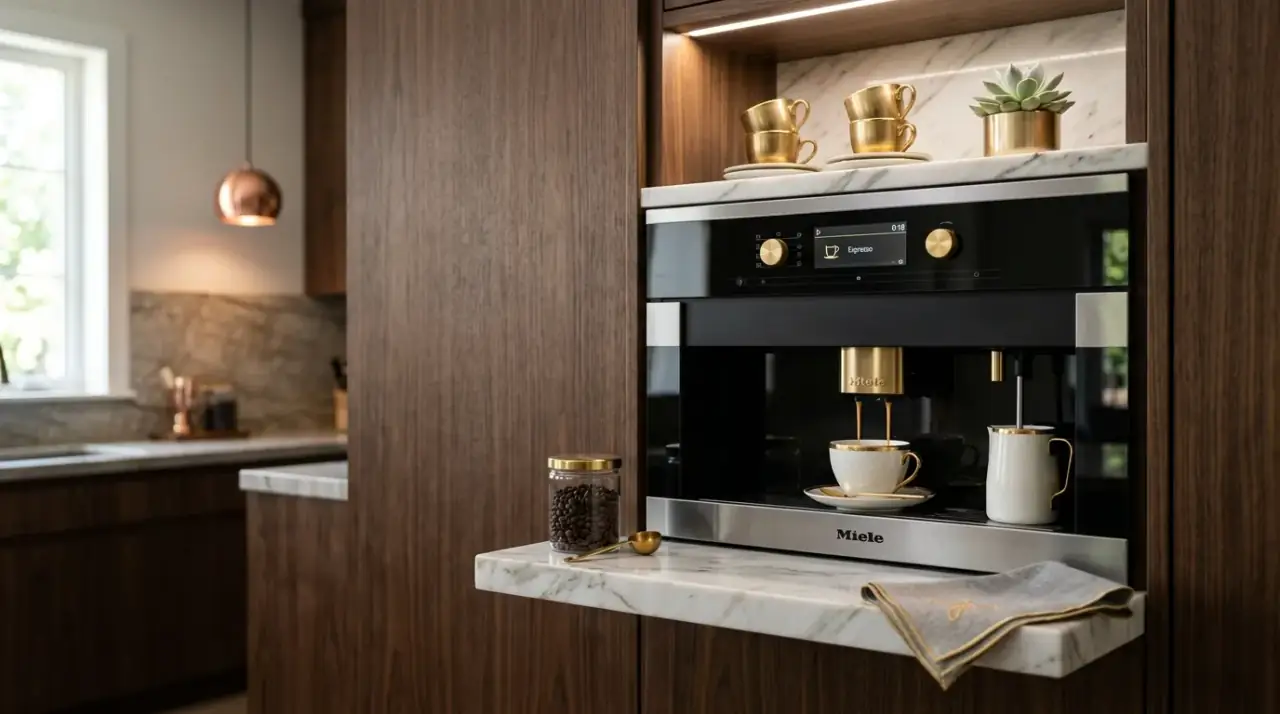 Integrated small kitchen coffee station. Smart coffee station styled to blend with a small kitchen's overall look.