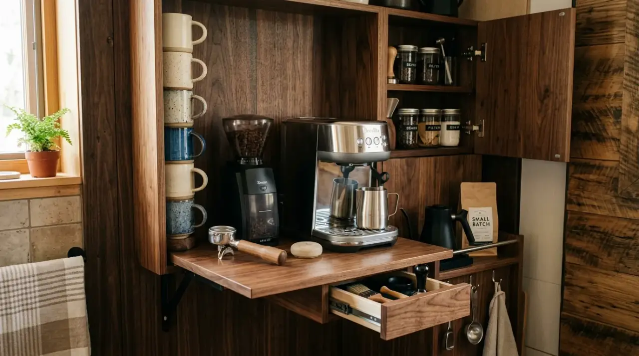 Small kitchen coffee station overview. Smart compact coffee station designed for a small kitchen morning routine.