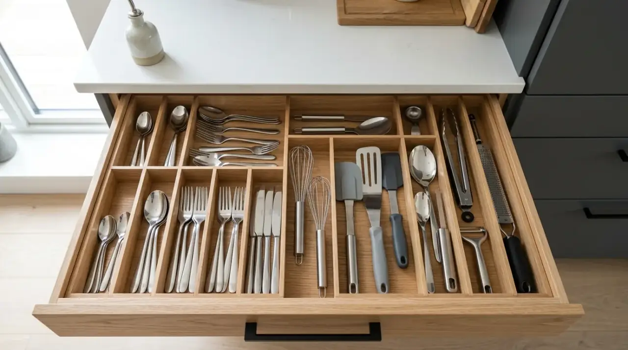 Smart kitchen drawer organization for utensils gadgets and efficient storage.