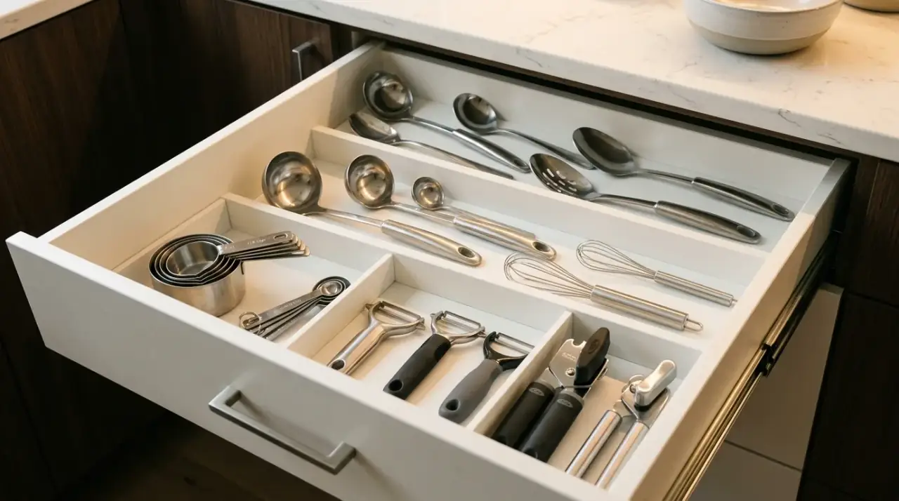 Adjustable drawer dividers. Kitchen drawer organization using dividers matched to actual utensils and gadgets.