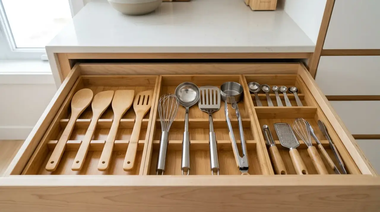Prep zone utensil drawer. Smart kitchen drawer near the prep zone for everyday utensils.