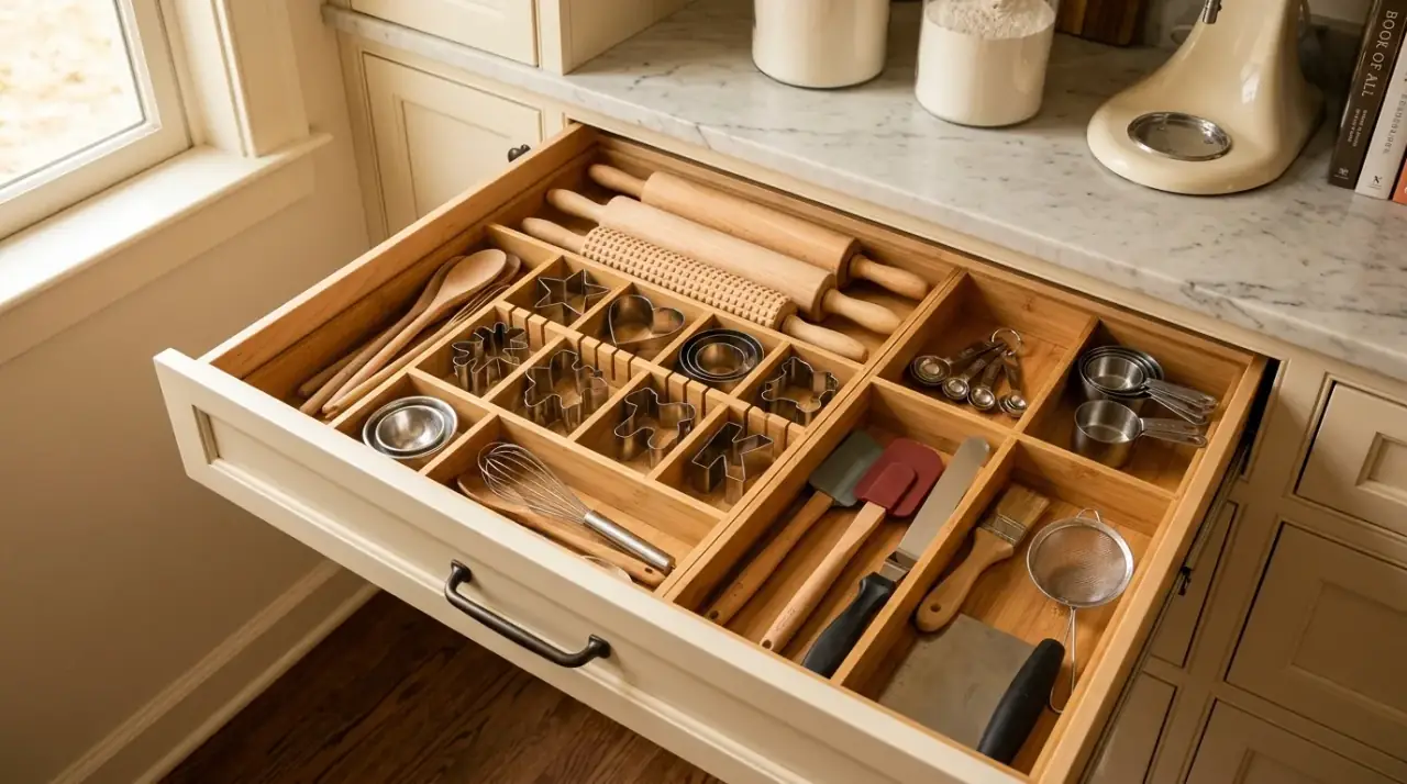 Deep drawer tray organizer. Kitchen drawer organization using trays inside deeper drawers.