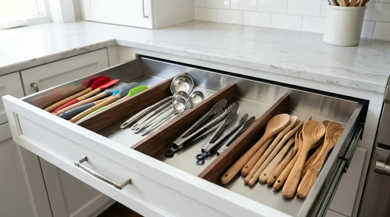 Baking tool drawer organization. Smart drawer organization separating baking tools from daily utensils.