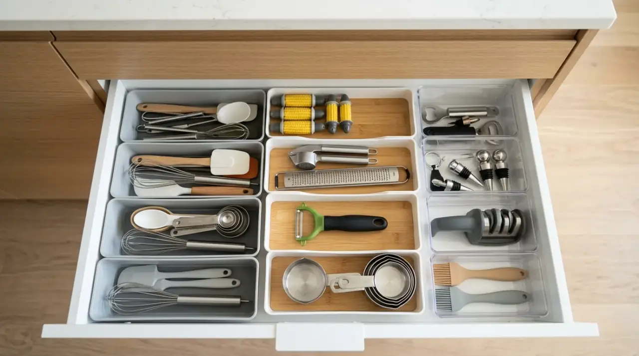 Edited gadget drawer. Kitchen drawer organization with a streamlined gadget collection.