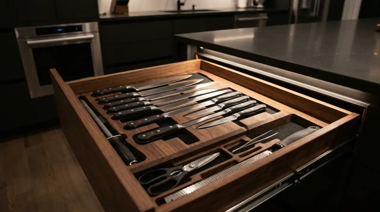 Non slip kitchen drawer liner. Smart drawer organization stabilized with non slip liners.