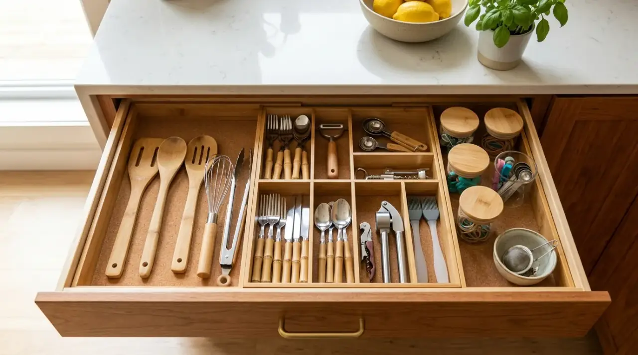 Labeled kitchen drawers. Smart kitchen drawer organization with labels for shared use.