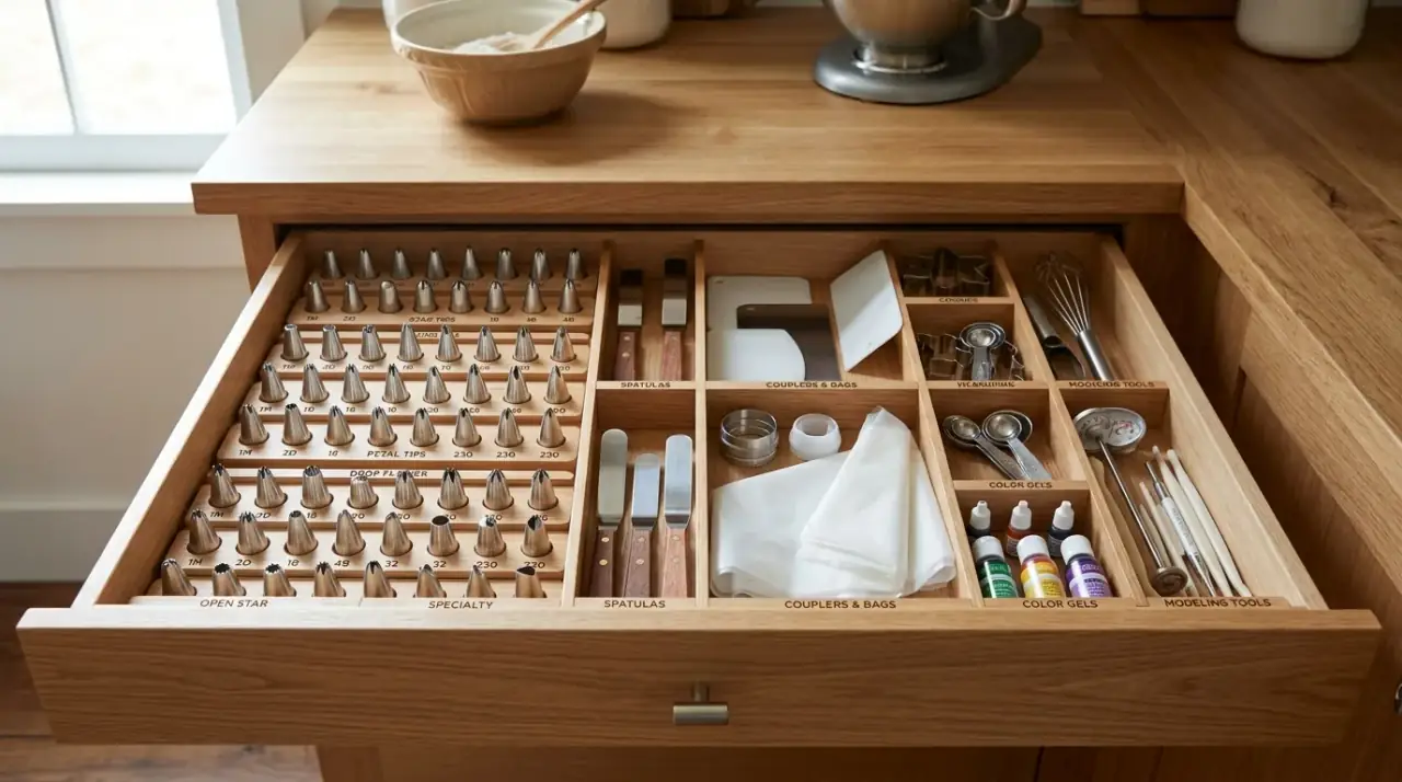 Heavy tool drawer organization. Kitchen drawers organized with heavier gadgets stored lower.