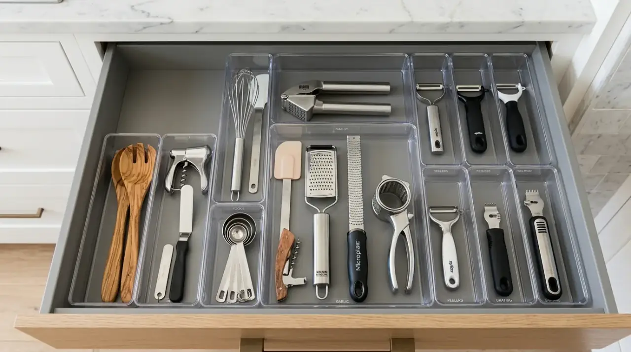 Kitchen drawer reset. Smart kitchen drawer organization maintained through regular resets.