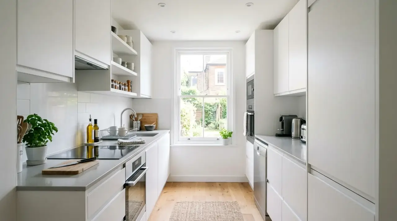 Smart small-space kitchen layout designed to maximize efficiency and everyday usability.