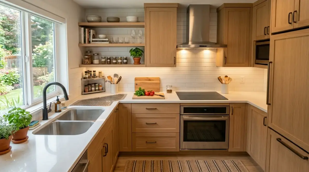 Galley kitchen small layout. Narrow efficient kitchen layout with better circulation and flow.