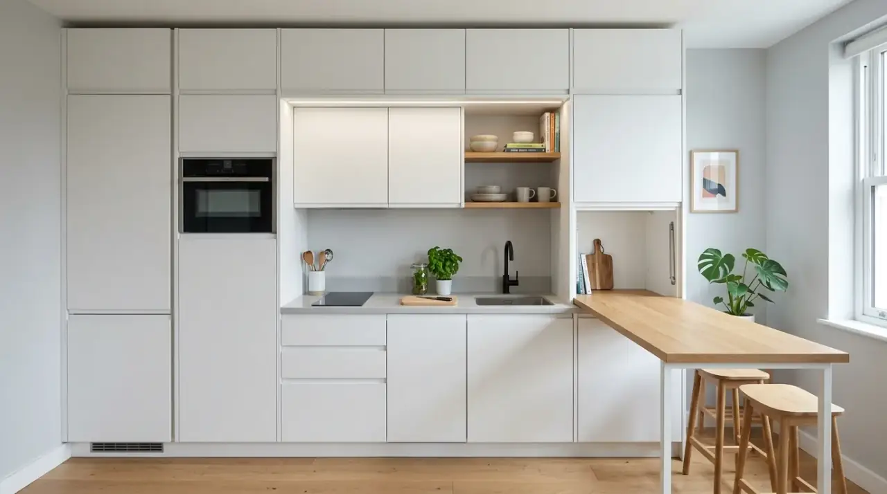L-shaped small kitchen. Open corner kitchen arrangement improving compact-room flexibility.