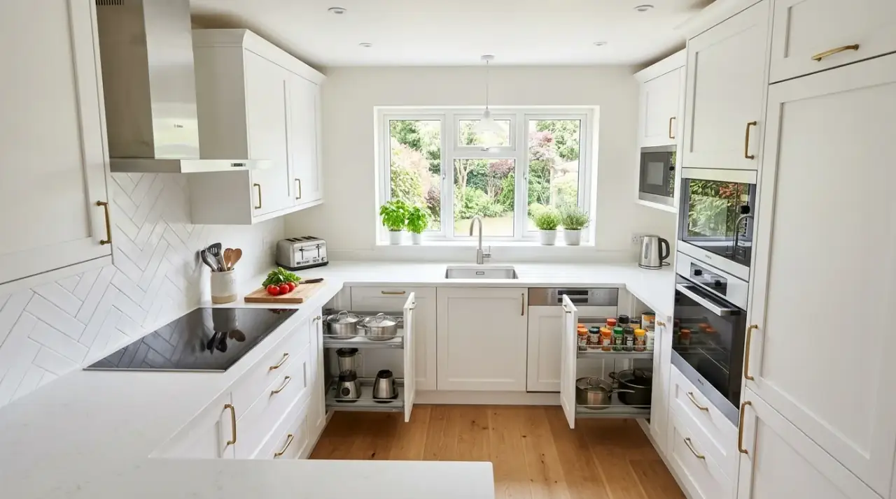 Tall storage in small kitchen layout. Strategic vertical storage improving function without crowding the room.