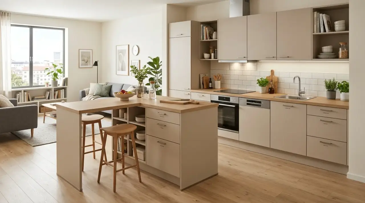 Peninsula small kitchen layout. Space-smart extension providing extra function in a compact kitchen.
