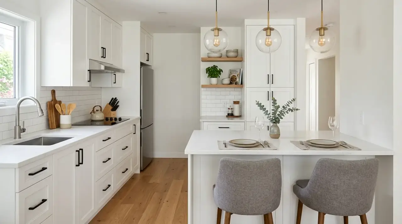 Sink placement small kitchen. Bright task area improving the feel of a compact kitchen layout.