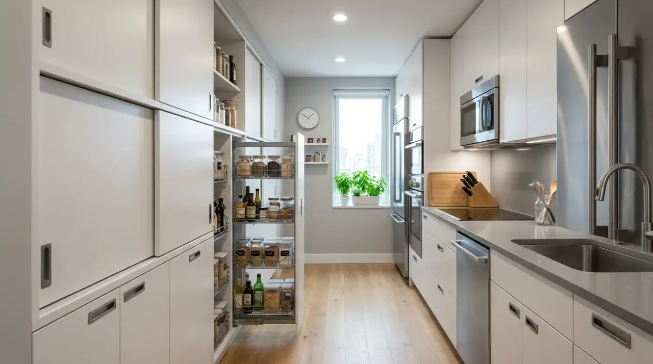 Prep zone small kitchen layout. Efficient counter planning improving workflow in limited space.