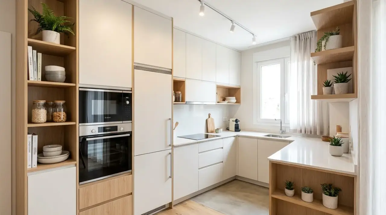 Drawer planning small kitchen. Accessible lower storage making a compact layout more efficient.