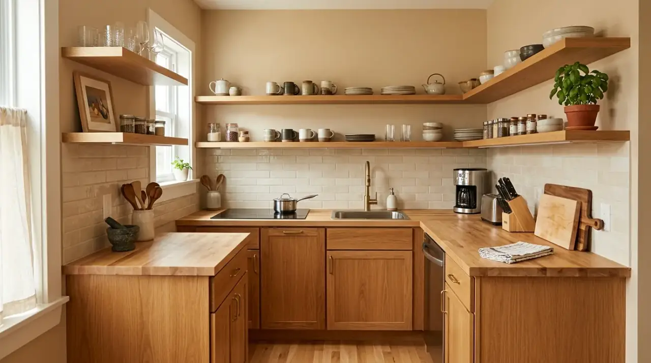 Scaled appliances small kitchen. Compact equipment improving balance in a tight kitchen layout.