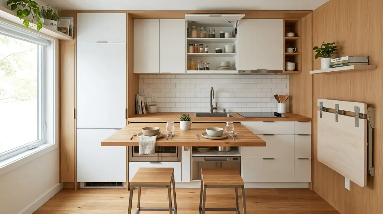 Open sightline small kitchen. Clear visual flow helping a compact kitchen feel more spacious.