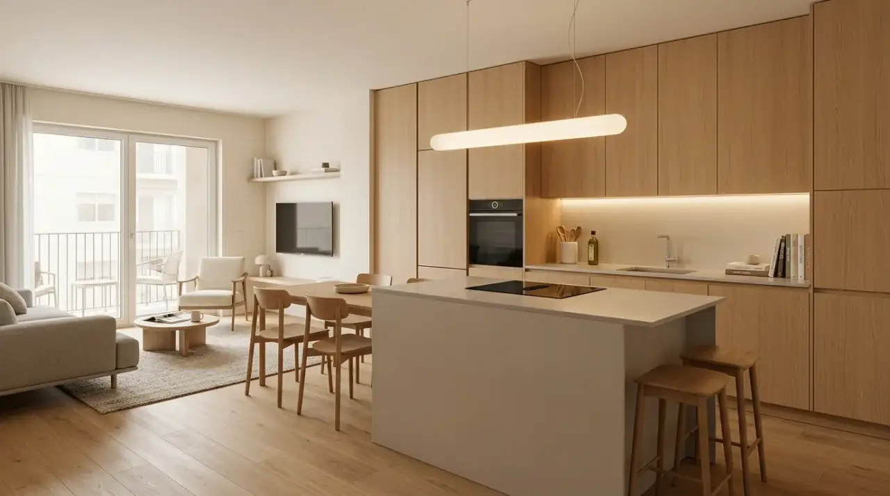 Pull-out surface small kitchen. Flexible work area adding prep room to a compact kitchen layout.