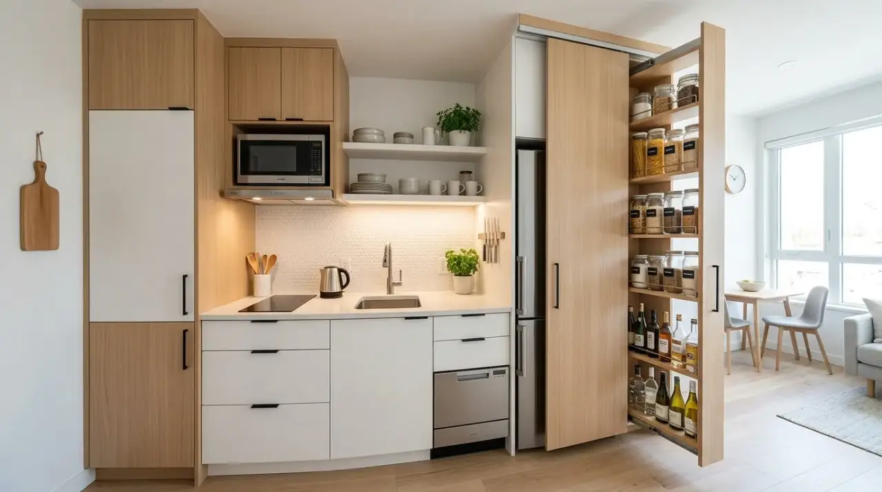 Light finishes small kitchen layout. Bright surfaces helping a compact kitchen feel bigger and more open.