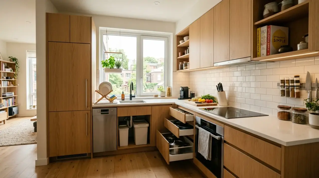 Small kitchen layout overview. Efficient compact kitchen planned around flow, storage, and daily use.