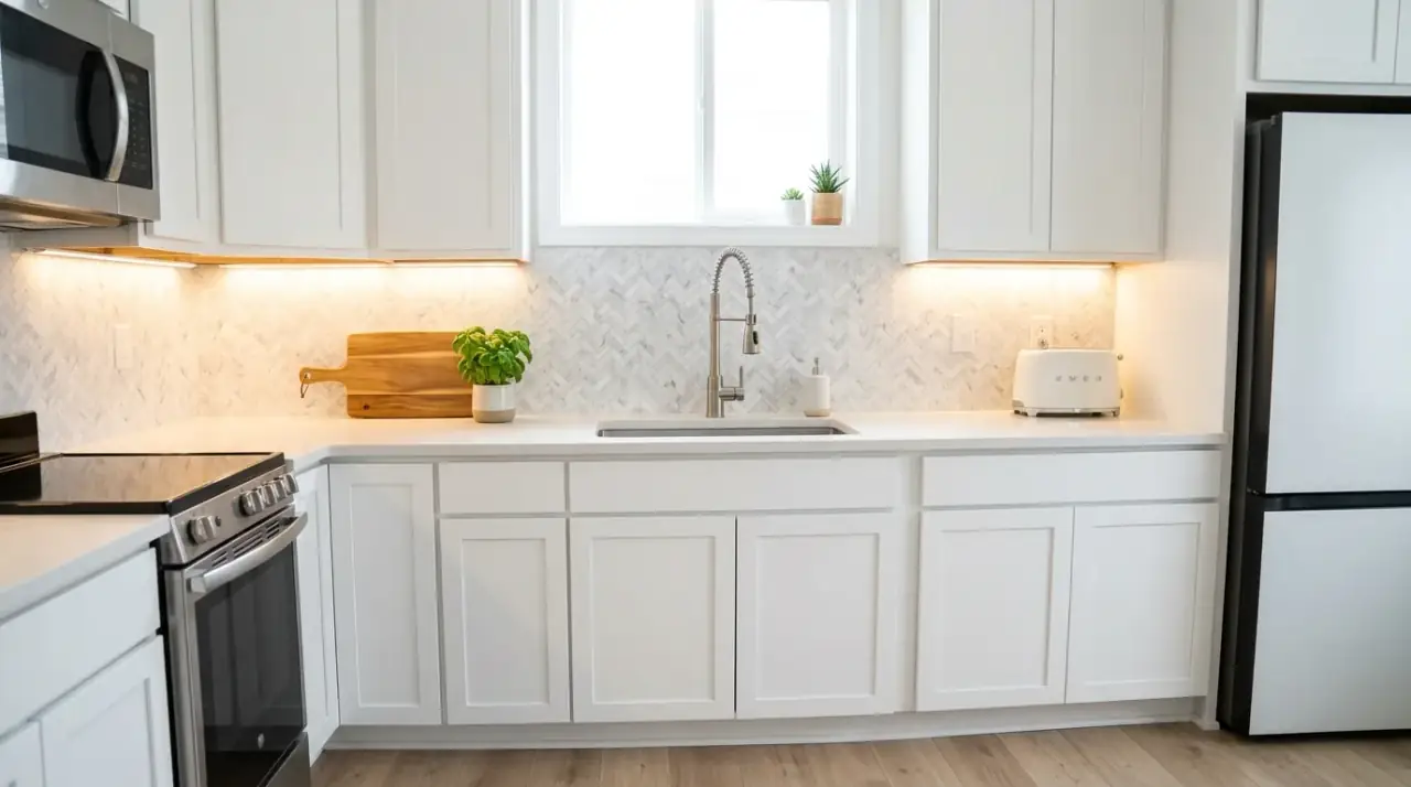 Updated lighting in budget kitchen makeover. Affordable light changes improving mood and style throughout the kitchen.