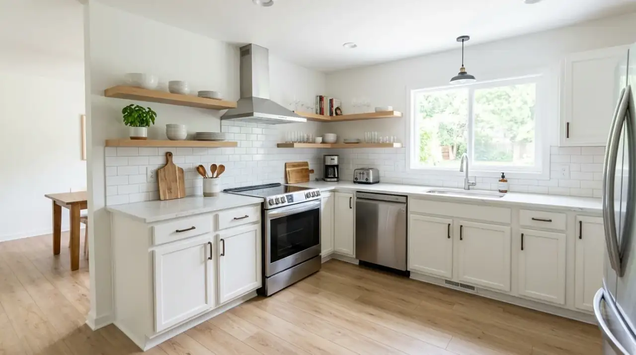 Decluttered countertops budget makeover. Cleaner surfaces helping a low-cost kitchen refresh feel more effective.