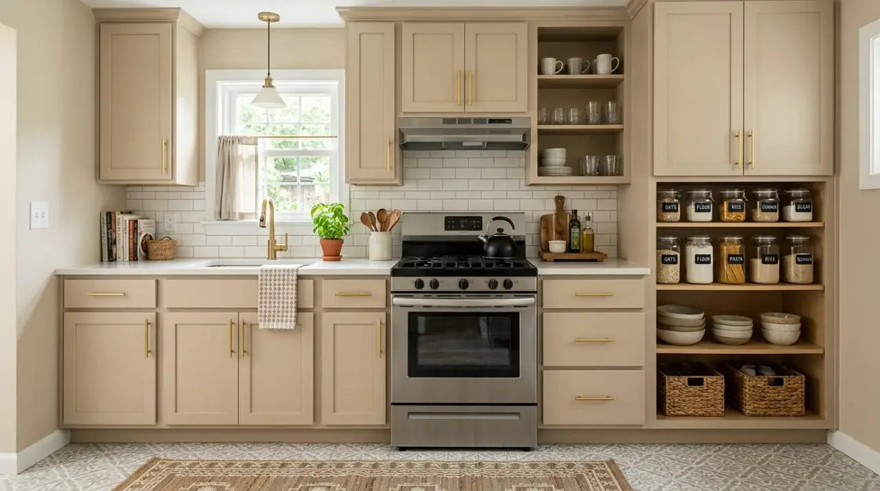 Open shelves in budget kitchen makeover. Selective shelf update making the kitchen feel lighter and more modern.