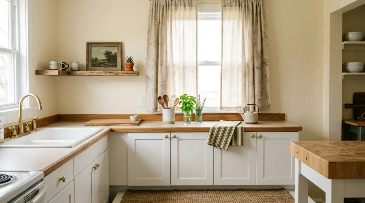 Wood accents in budget kitchen makeover. Natural materials adding warmth to a low-cost kitchen refresh.