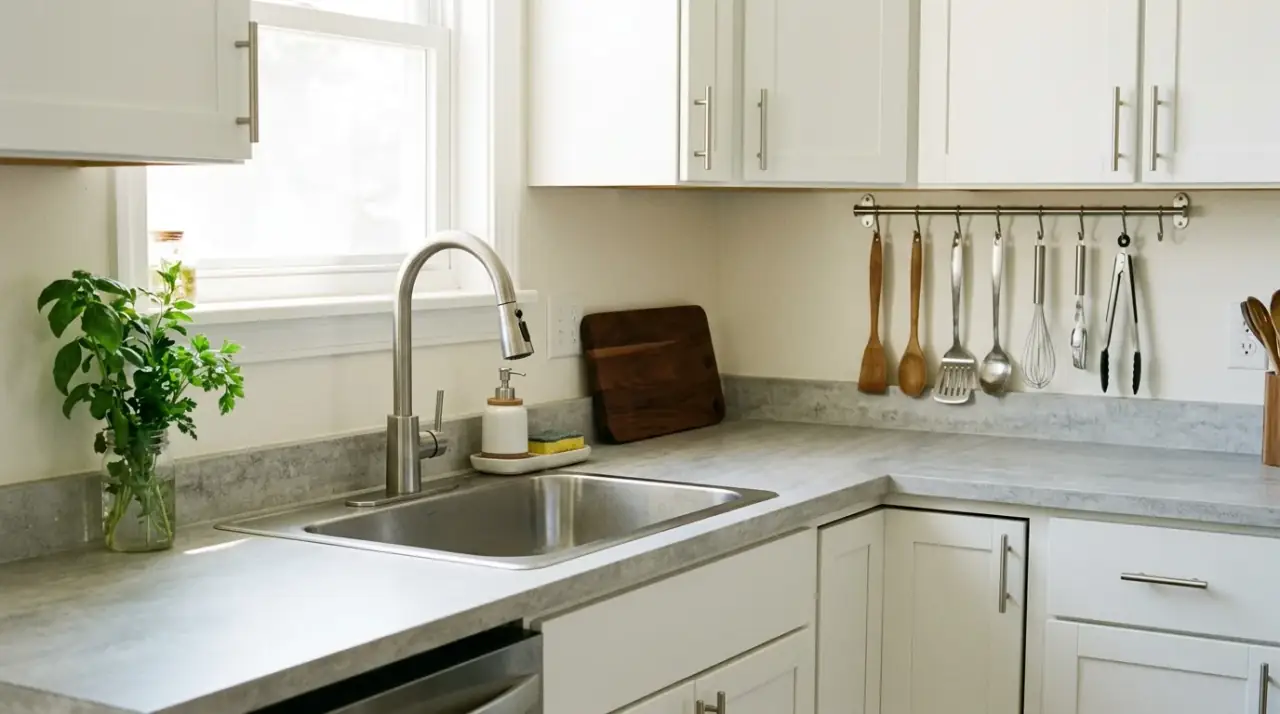 Styled island in budget kitchen makeover. Simple centerpiece helping a kitchen refresh feel more intentional.