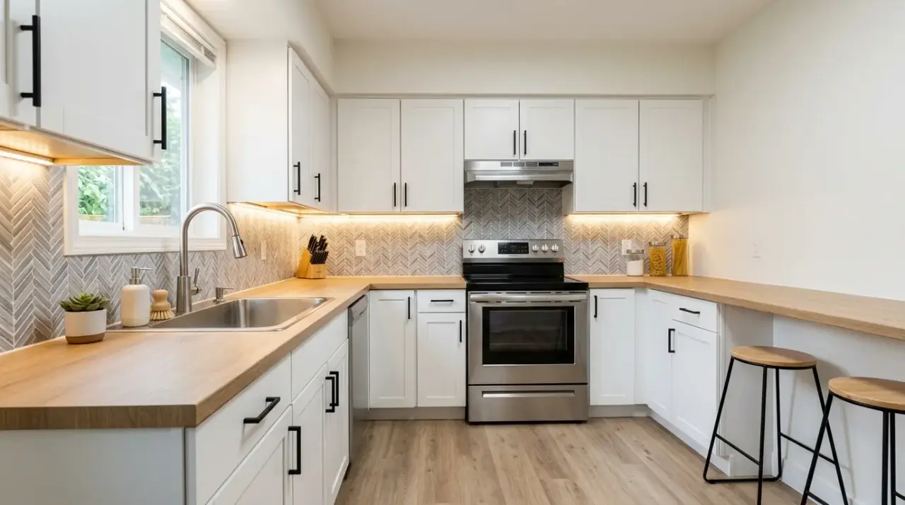 Budget flooring kitchen makeover. Affordable floor update refreshing the whole kitchen visually.