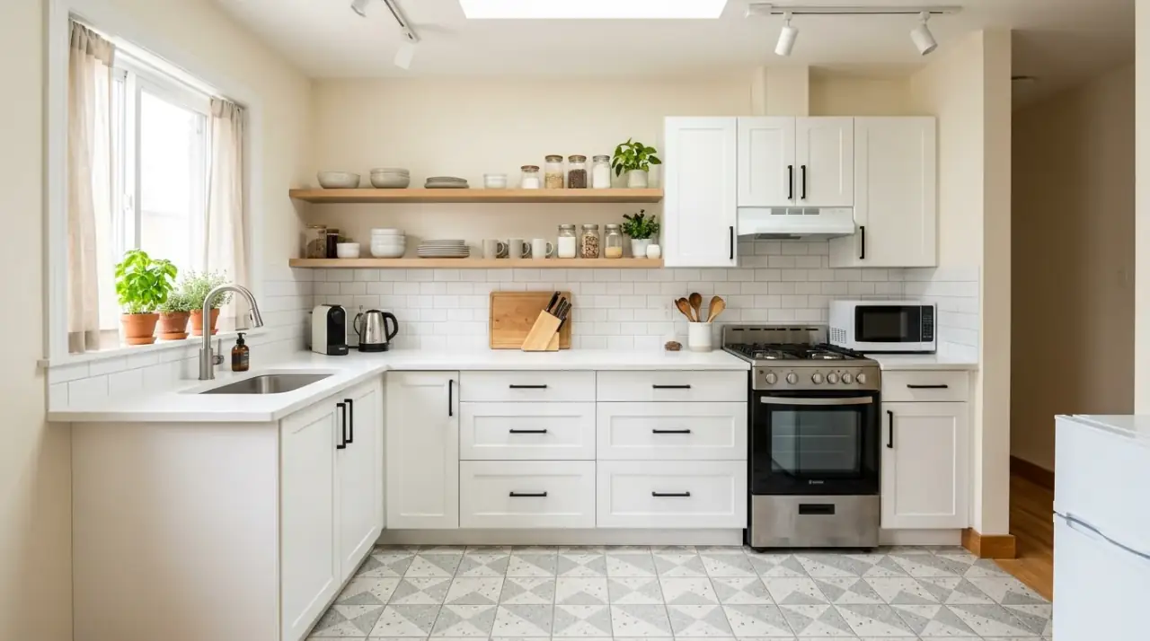 Plants in budget kitchen makeover. Simple greenery adding life to an affordable kitchen refresh.