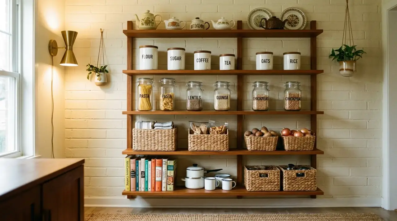 Open shelf retro kitchen storage. Edited visible storage supporting the clean and warm retro kitchen look.