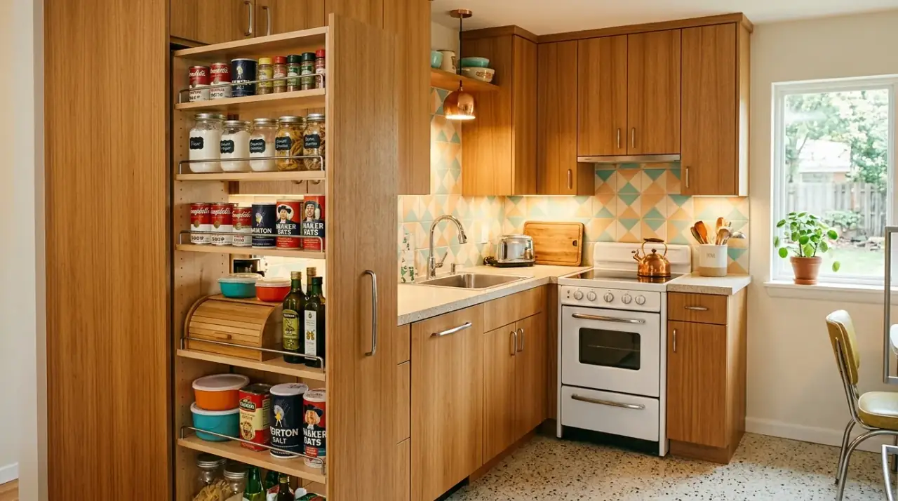 Mid-century kitchen drawer storage. Accessible lower storage improving function in a retro-modern kitchen.