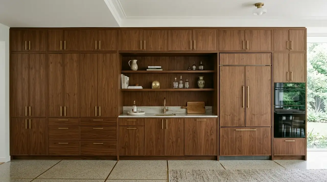 Wood pantry shelves mid-century kitchen. Warm storage materials extending the retro-modern palette into pantry zones.