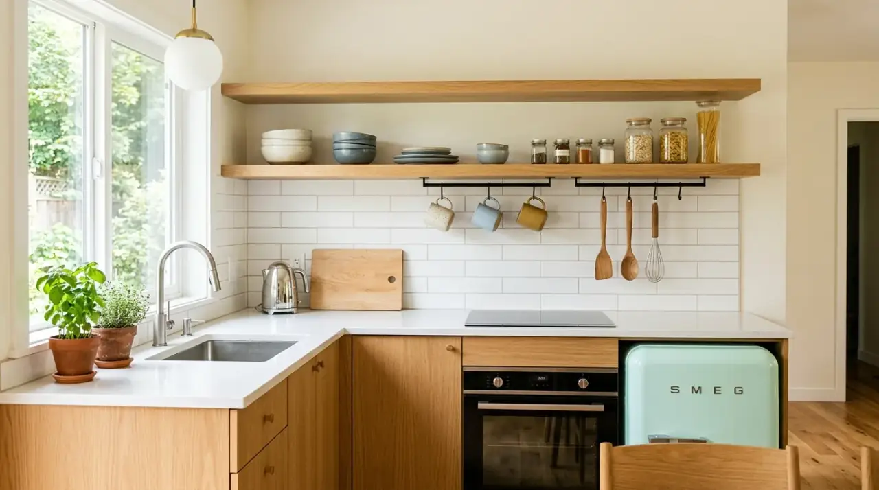 Hidden appliance storage retro kitchen. Cleaner surfaces helping a mid-century kitchen stay uncluttered and functional.