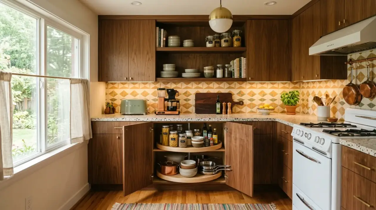 Wall storage mid-century kitchen. Simple vertical organization supporting daily use in a retro-modern kitchen.