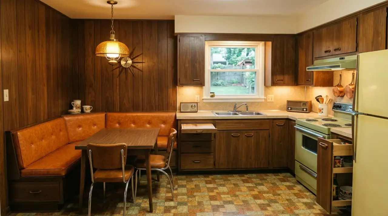 Glass cabinet storage mid-century kitchen. Curated visible storage adding lightness to a warm retro kitchen.
