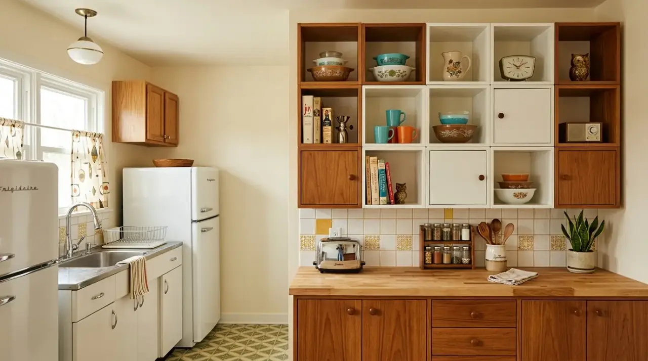 Warm neutral storage bins mid-century kitchen. Better looking storage containers supporting the retro-modern color palette.