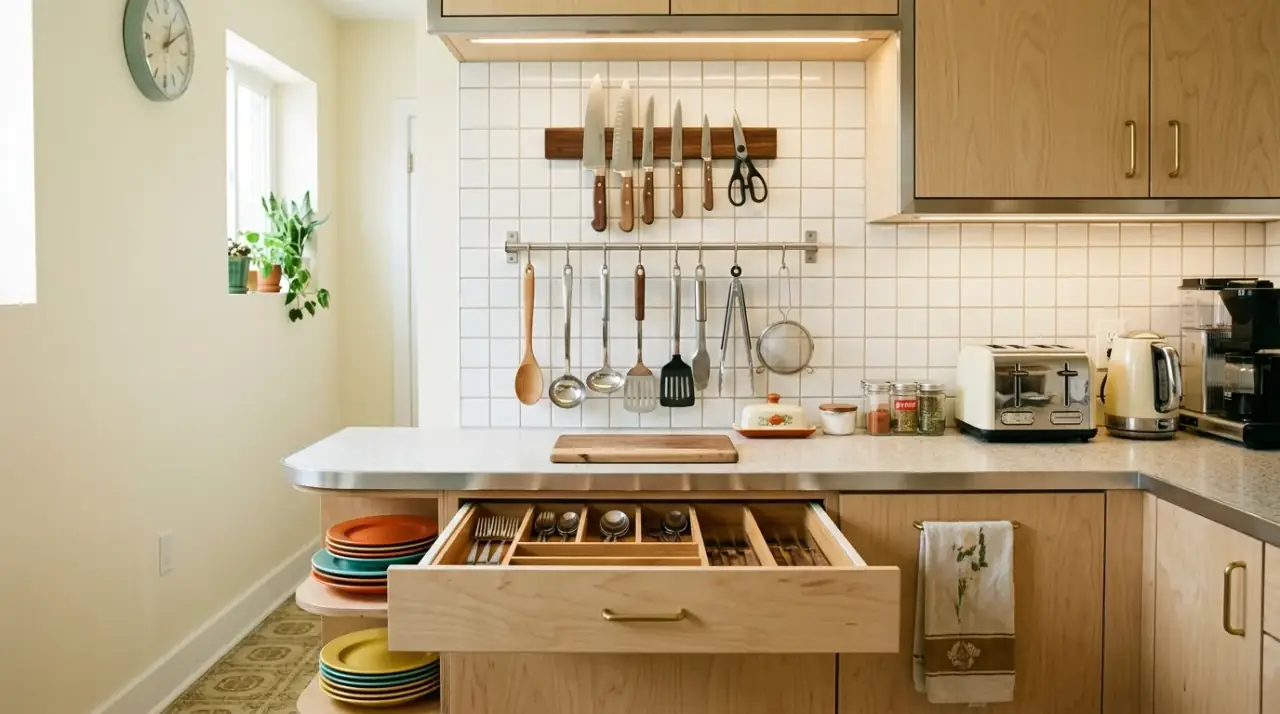 Low-profile counter storage mid-century kitchen. Minimal surface organization preserving the clean look of the retro-modern kitchen.