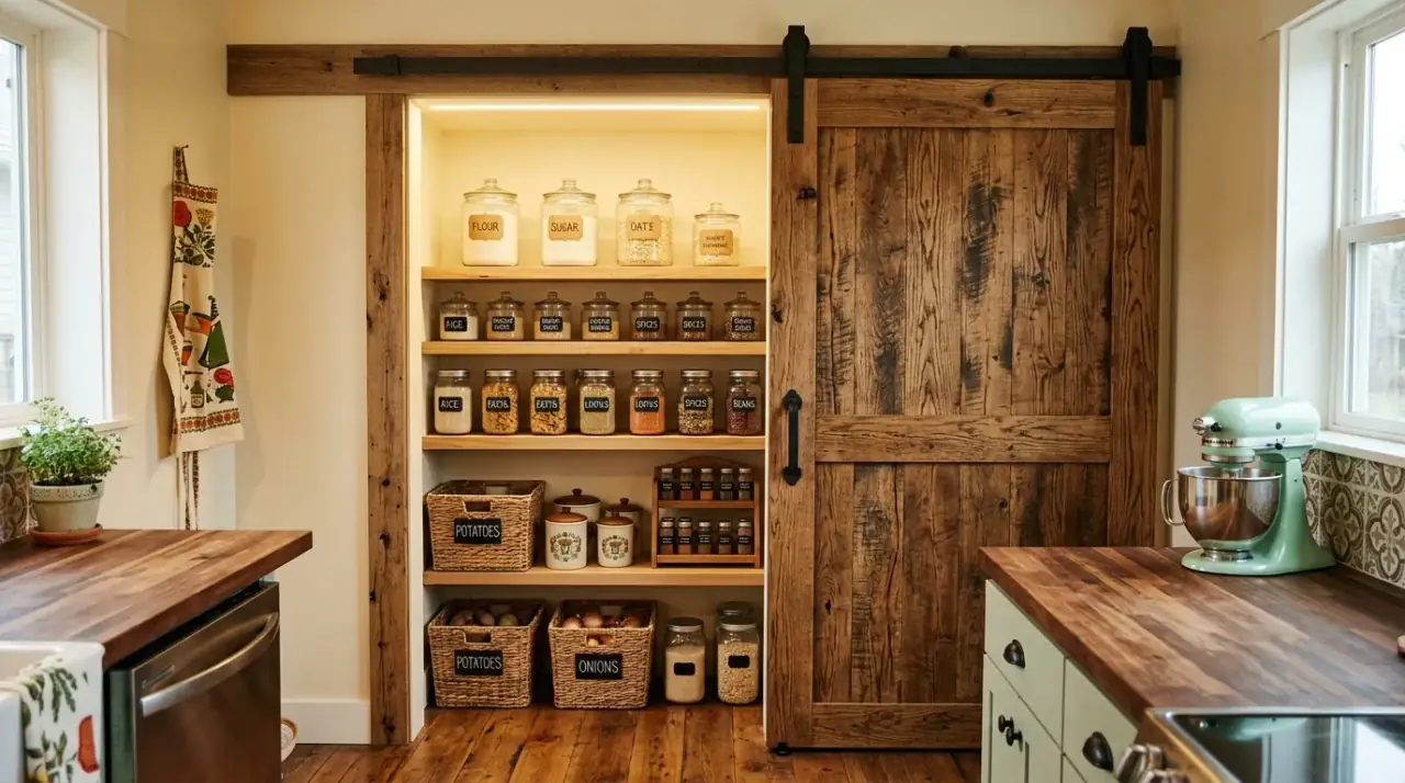 Mid-century kitchen storage overview. Organized retro-modern kitchen where storage supports both function and visual calm.