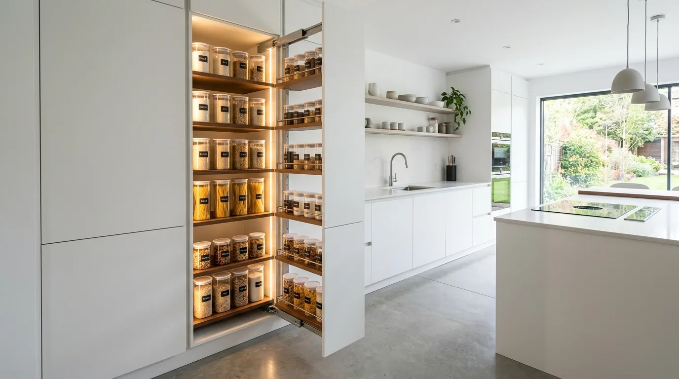 Modern kitchen with smart integrated storage and a sleek functional cookspace.