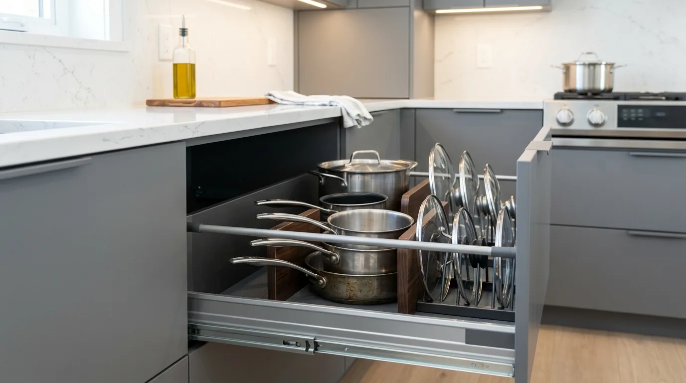 Pull-out pantry tower in modern kitchen. Slim vertical storage beside refrigerator for a functional layout.