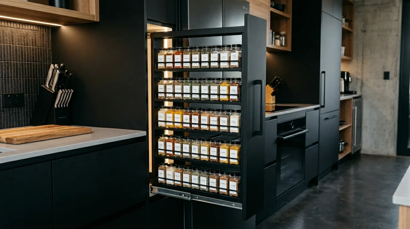 Kitchen island with storage on both sides. Functional modern island design with integrated cabinetry.